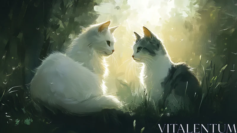 Two Cats in Sunlit Forest Clearing.