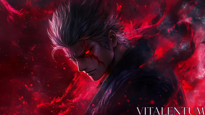 Silver haired male figure with red aura in profile view.