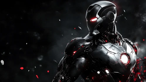 Armored cybernetic warrior in dark metallic exosuit.