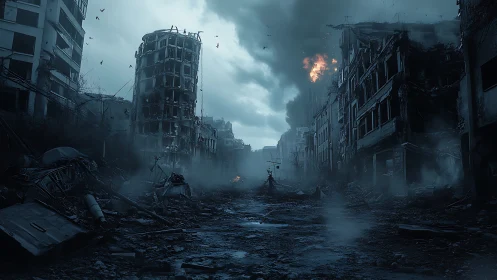 Urban street shows extensive structural collapse and fire