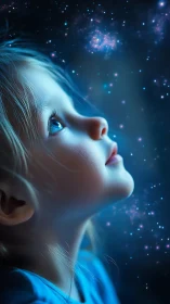Child profile gazes upward toward glowing star field