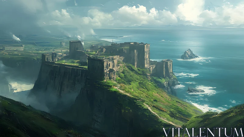 Coastal cliff settlement with columnar basalt formations and industrial infrastructure.