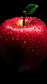 Red apple with water droplets on black background closeup.