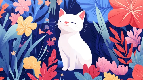 Serene White Cat Among Vibrant Floral Garden.