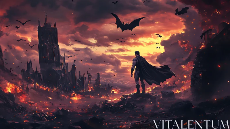Caped figure surveys burning gothic city under dense clouds