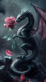 Silver dragon cradles crimson rose in misty twilight.