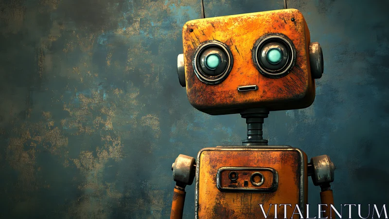 Weathered orange service robot with retro optical chassis.