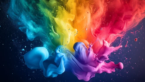 Exploding rainbow ink clouds swirl in a dark liquid space