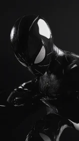 Moody black-suited hero poised in glossy quiet darkness.