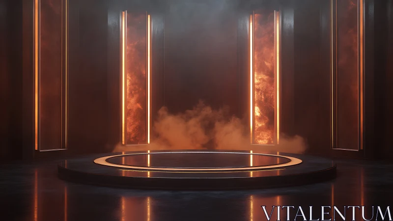 Architectural interior with neon-lit vertical panels and circular platform.