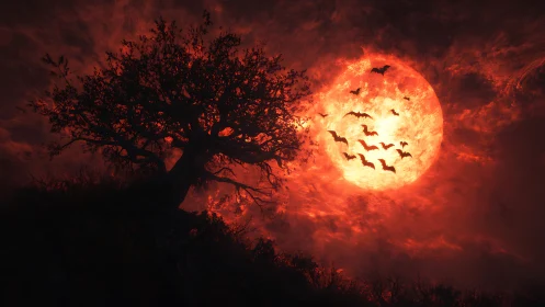 Silhouetted tree and bats align against large red moon