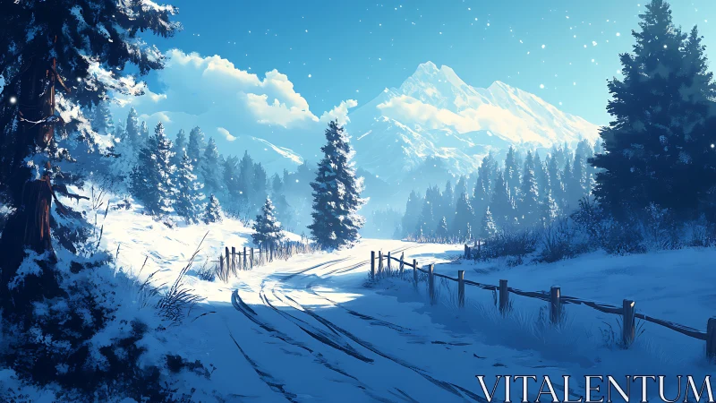 Quiet winter trail winding toward sunlit mountain peaks.