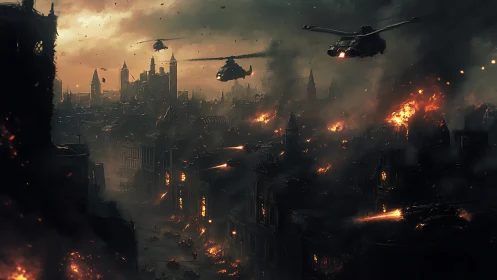 Burning city skyline under stormy war-torn twilight skies.