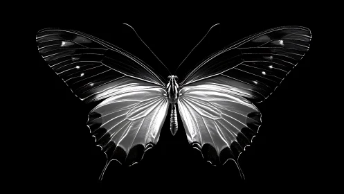 Silver-winged butterfly glowing in a quiet night sky.