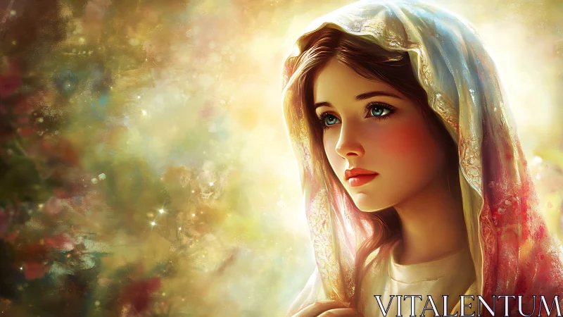 Ethereal young woman in veil under radiant golden bokeh glow.