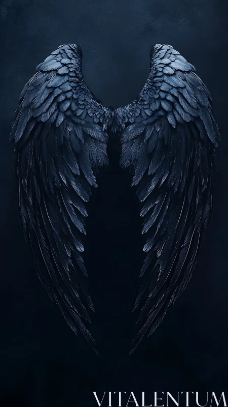 Dark feathered angel wings on textured navy background.