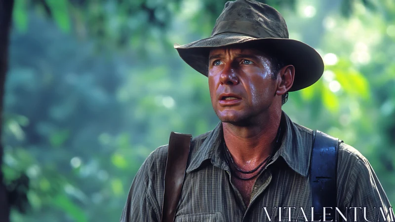 Explorer in rugged jungle attire under diffused green backlight