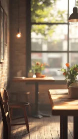 Sunlit rustic café corner with tulips on wooden tables.