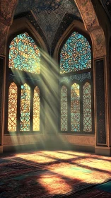 Golden light streams through ornate stained glass windows