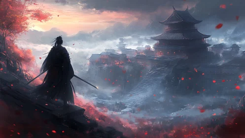 Digital painting of lone samurai above misted mountain citadel.