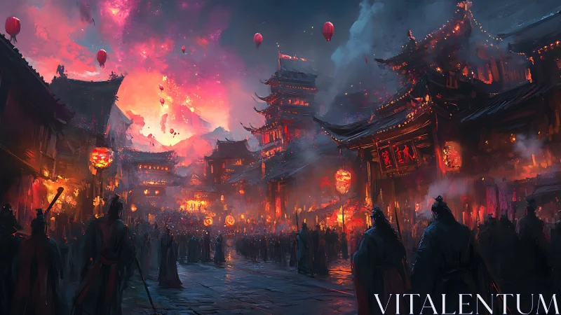 Lantern-lit festival street glows under a blazing night sky