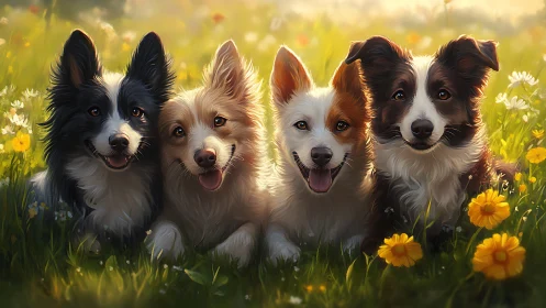 Four expressive puppies posed in a sunlit wildflower meadow