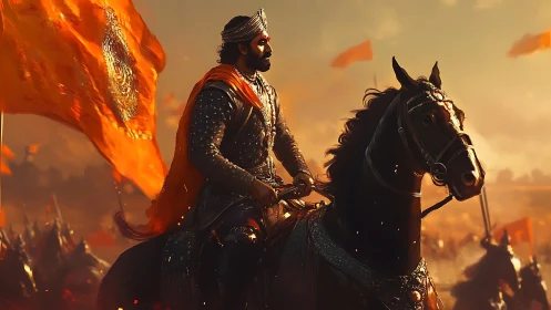 Armored rider on warhorse before orange battle standards.