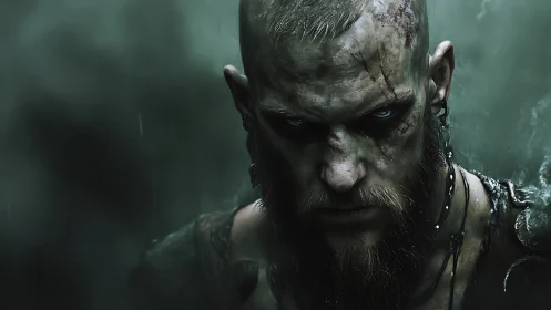 Weathered warrior gazing forward with stormy resolve.