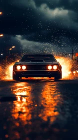 Midnight muscle car ignites rain-soaked asphalt in neon fire