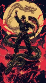 Martial artist stands amid coiled serpent before lunar emblem