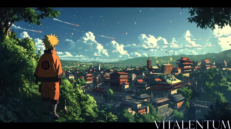 Backlit ninja silhouette surveying sunlit anime village skyline