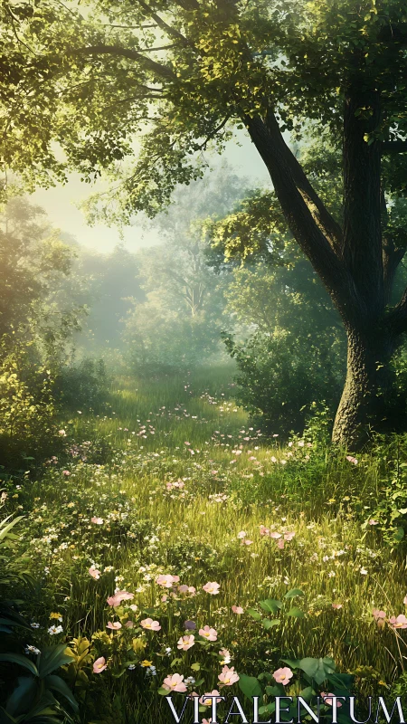Sunlit Forest Meadow With Ancient Trees and Blooming Wildflowers