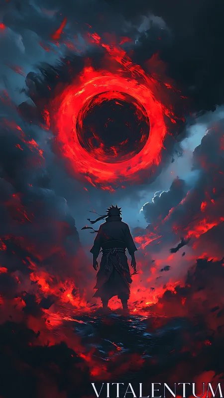 Digital painting of lone warrior beneath infernal eclipse sky.