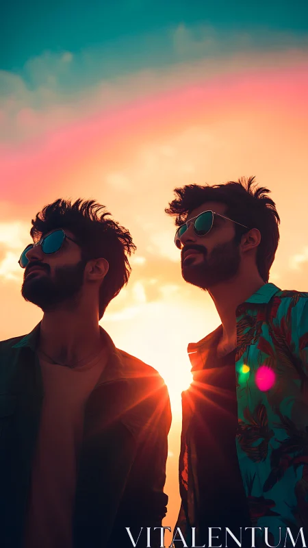 Two men in sunglasses under vivid sunset sky glow.