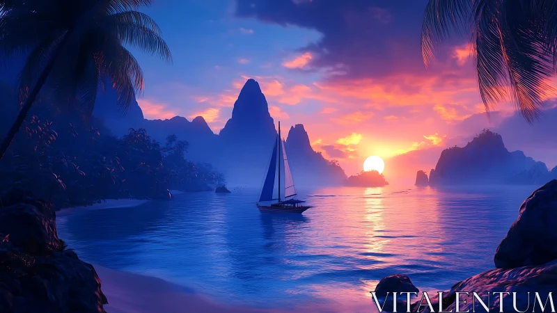 Sailboat on tropical bay under vivid sunset light.