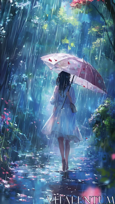 Girl under pink umbrella walking through rainy garden.