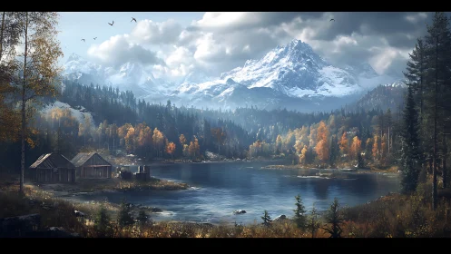 Serene alpine lake with rustic cabins beneath snowy peaks.