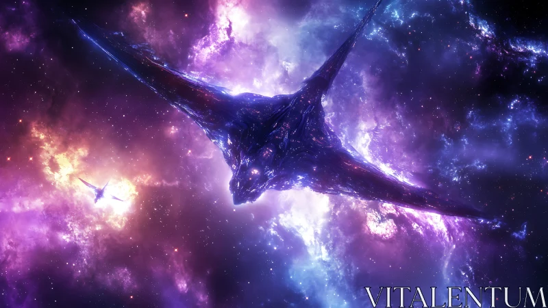 Alien starship drifts through glowing purple nebula field.