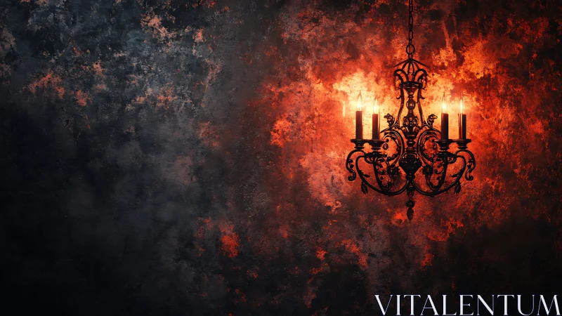 Ornate Iron Chandelier Suspended Against Turbulent Fire-Lit Textured Background