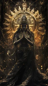 Gilded dark goddess stands before radiant circular aureole