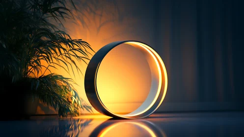 Luminous circular lamp beside indoor foliage at dusk.