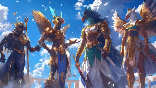 Skyborne avian gods convene in gilded celestial council