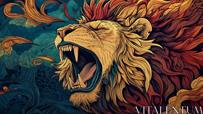 Roaring sun-maned lion ignites a storm of swirling color.