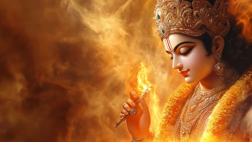 Digital rendering shows ornate deity figure holding flame