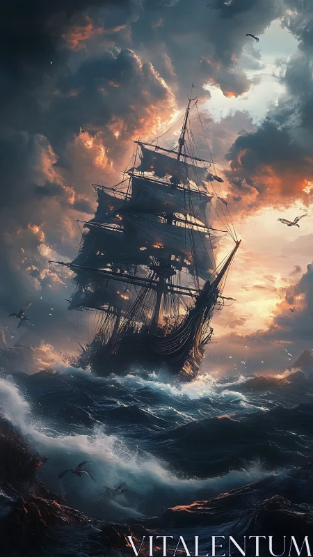 Three-masted sailing ship moves through turbulent ocean waves