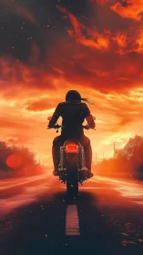 Rear-view motorcyclist on highway under blazing ember sky