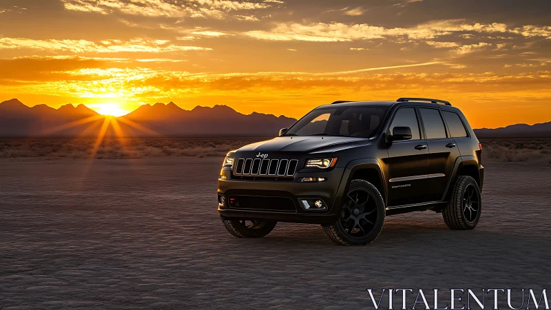 Black SUV captured against high-contrast desert sunset horizon