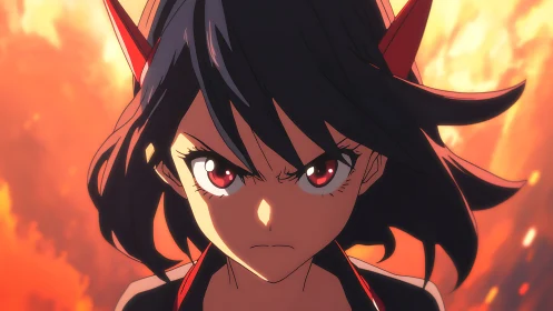Intense anime girl with horns in fiery orange background.