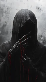 Shrouded hooded figure with bleeding black hands stands still.