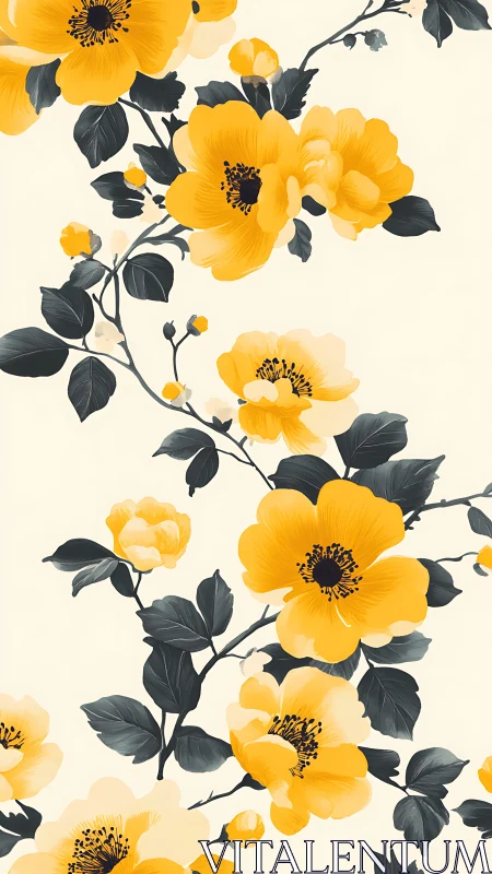 Yellow Botanical Floral Pattern with Dark Foliage